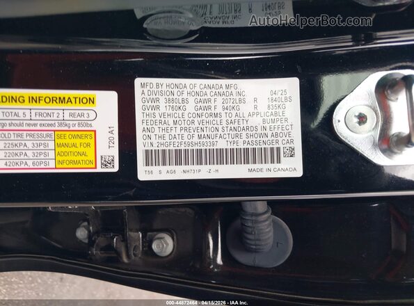 2HGFE2F59SH593397 2025 HONDA CIVIC Black Engine compartment view
