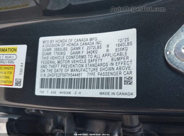 2HGFE2F59TH544461 2026 HONDA CIVIC Gray 