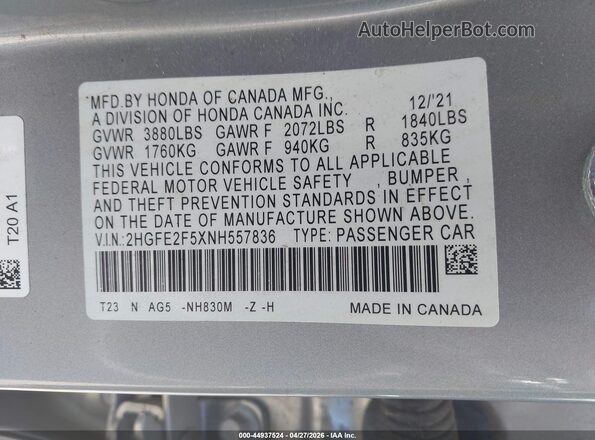 2HGFE2F5XNH557836 2022 HONDA CIVIC Silver Շարժիչի բաժամունքի տեսք