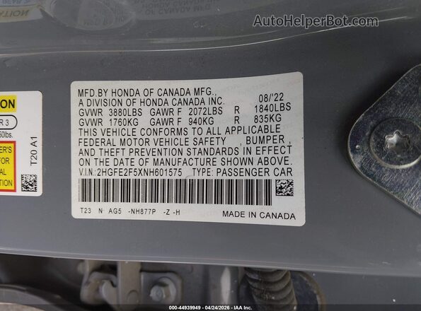 2HGFE2F5XNH601575 2022 HONDA CIVIC Light Blue 