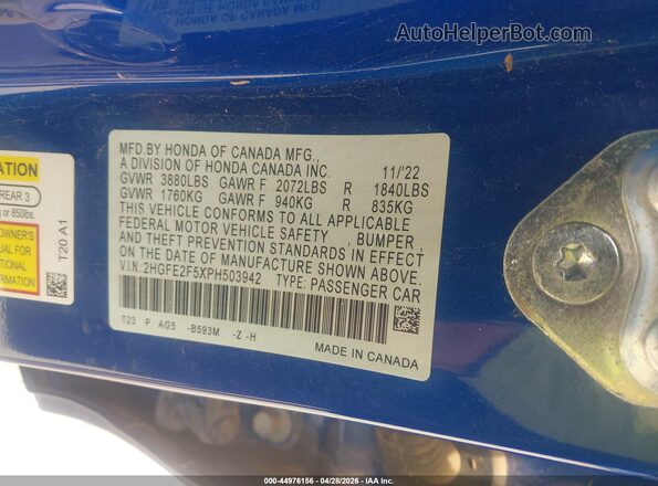 2HGFE2F5XPH503942 2023 HONDA CIVIC Blue Вид підкапотного простору