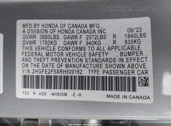 2HGFE2F5XRH509162 2024 HONDA CIVIC Gray 