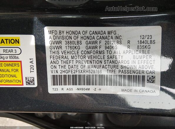 2HGFE2F5XRH529766 2024 HONDA CIVIC Gray 