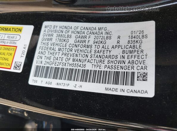 2HGFE2F5XTH555436 2026 HONDA CIVIC Black Շարժիչի բաժամունքի տեսք