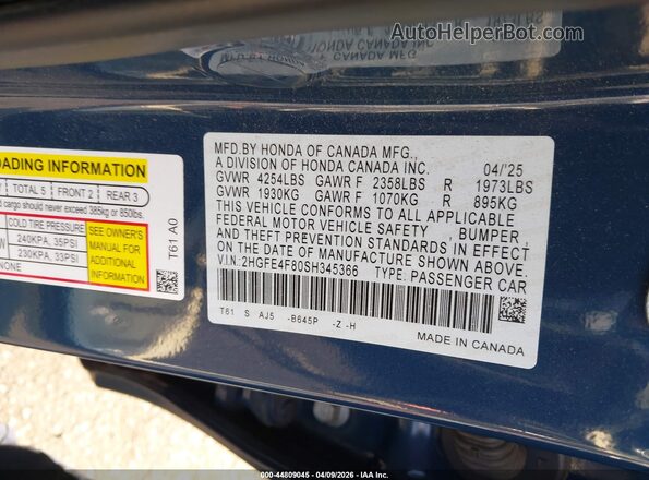 2HGFE4F80SH345366 2025 HONDA CIVIC Blue Vista del compartimento del motor