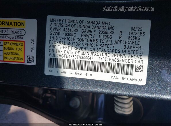 2HGFE4F80TH309047 2026 HONDA CIVIC Gray ძრავის განყოფილების ხედი