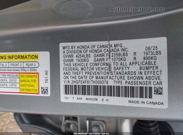 2HGFE4F81TH309378 2026 HONDA CIVIC HYBRID Silver 