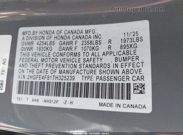 2HGFE4F81TH325239 2026 HONDA CIVIC Gray Engine compartment view