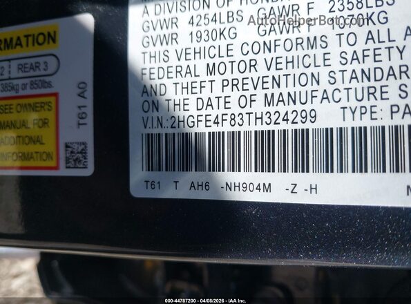 2HGFE4F83TH324299 2026 HONDA CIVIC Black Շարժիչի բաժամունքի տեսք