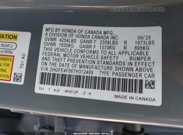 2HGFE4F86TH312499 2026 HONDA CIVIC HYBRID Gray 