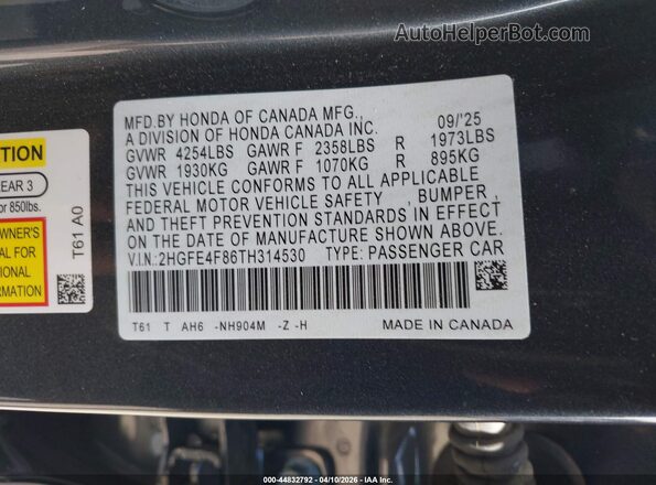2HGFE4F86TH314530 2026 HONDA CIVIC Gray Engine compartment view