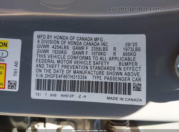 2HGFE4F86TH315354 2026 HONDA CIVIC Gray Շարժիչի բաժամունքի տեսք