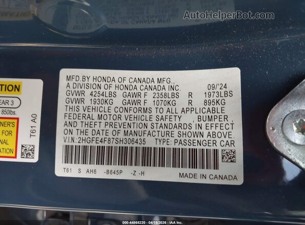 2HGFE4F87SH306435 2025 HONDA CIVIC Blue Engine compartment view