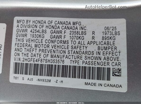 2HGFE4F87SH353576 2025 HONDA CIVIC Silver Engine compartment view
