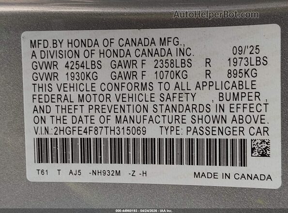 2HGFE4F87TH315069 2026 HONDA CIVIC HYBRID Silver 