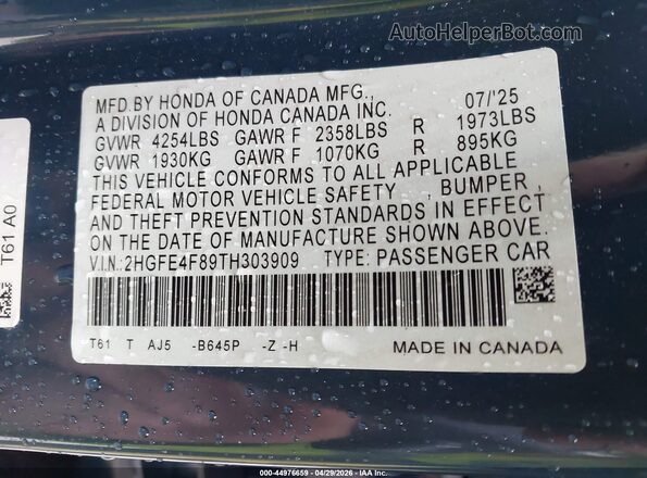 2HGFE4F89TH303909 2026 HONDA CIVIC Blue Շարժիչի բաժամունքի տեսք