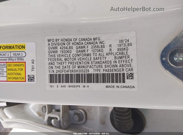 2HGFE4F8XSH305229 2025 HONDA CIVIC HYBRID White Vista del compartimento del motor