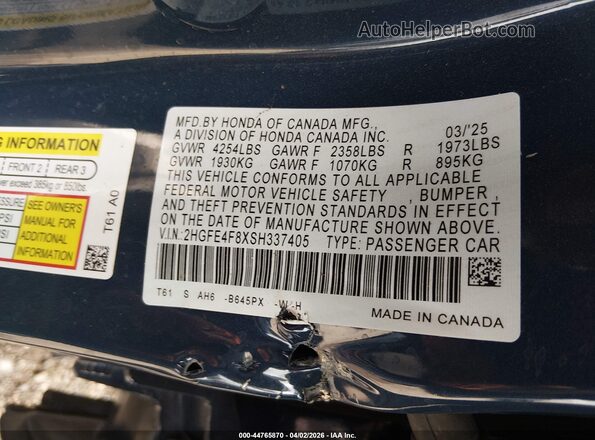 2HGFE4F8XSH337405 2025 HONDA CIVIC Blue Engine compartment view