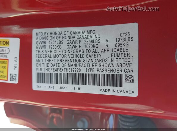 2HGFE4F8XTH319228 2026 HONDA CIVIC Red Շարժիչի բաժամունքի տեսք