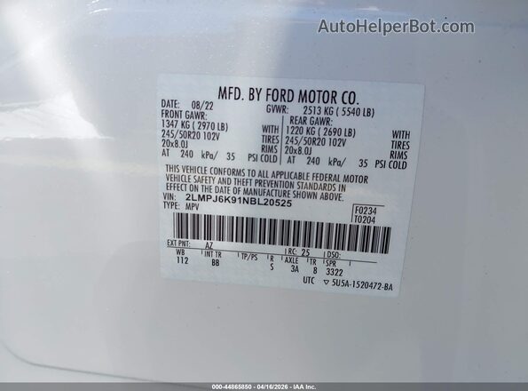 2LMPJ6K91NBL20525 2022 LINCOLN NAUTILUS Beige Շարժիչի բաժամունքի տեսք
