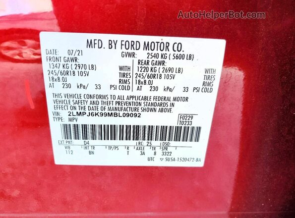 2LMPJ6K99MBL09092 2021 LINCOLN NAUTILUS Red VIN კოდის სტიკერის ხედი