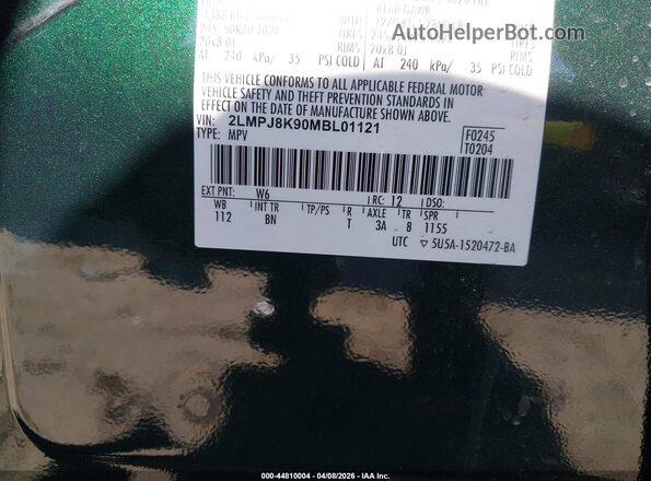 2LMPJ8K90MBL01121 2021 LINCOLN NAUTILUS Green Vista del compartimento del motor