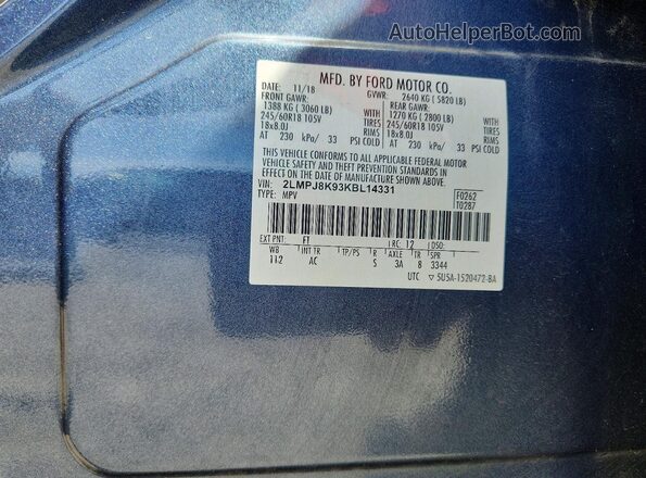2LMPJ8K93KBL14331 2019 LINCOLN NAUTILUS Blue VIN კოდის სტიკერის ხედი