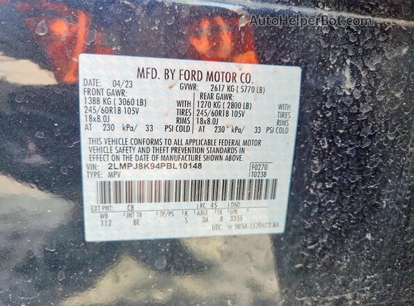 2LMPJ8K94PBL10148 2023 LINCOLN NAUTILUS Blue VIN կոդի պիտակի տեսք