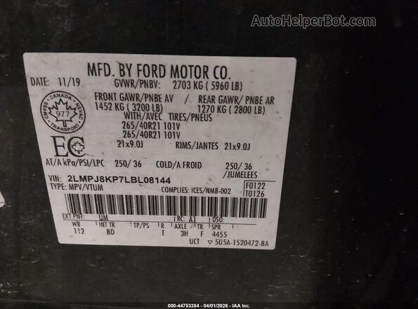 2LMPJ8KP7LBL08144 2020 LINCOLN NAUTILUS Black Engine compartment view