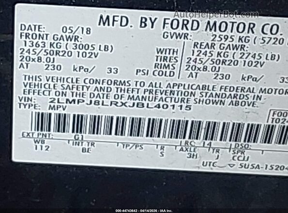 2LMPJ8LRXJBL40115 2018 LINCOLN MKX Black Engine compartment view