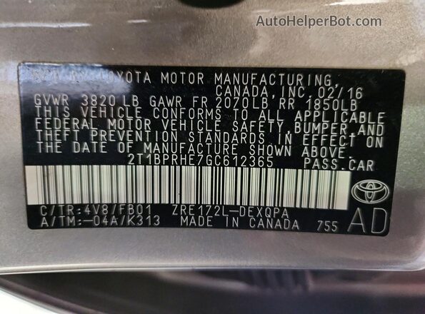 2T1BPRHE7GC612365 2016 TOYOTA LL Tan VIN sticker view