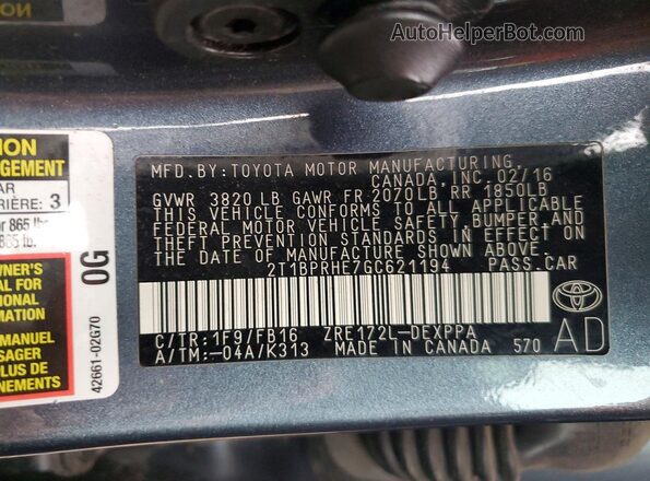2T1BPRHE7GC621194 2016 TOYOTA LL Blue 