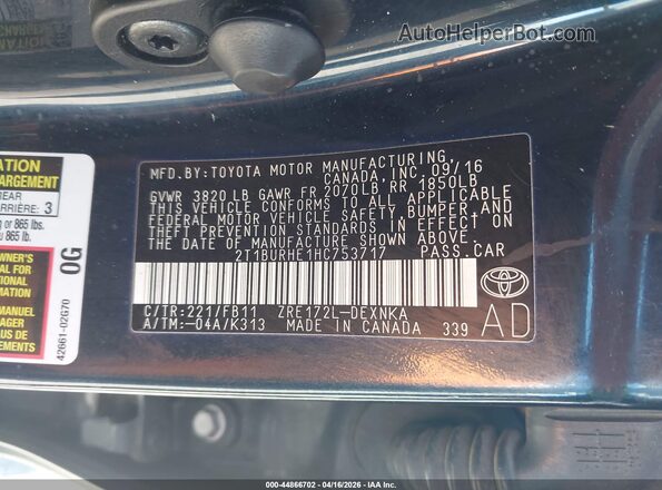 2T1BURHE1HC753717 2017 TOYOTA LL Blue ძრავის განყოფილების ხედი