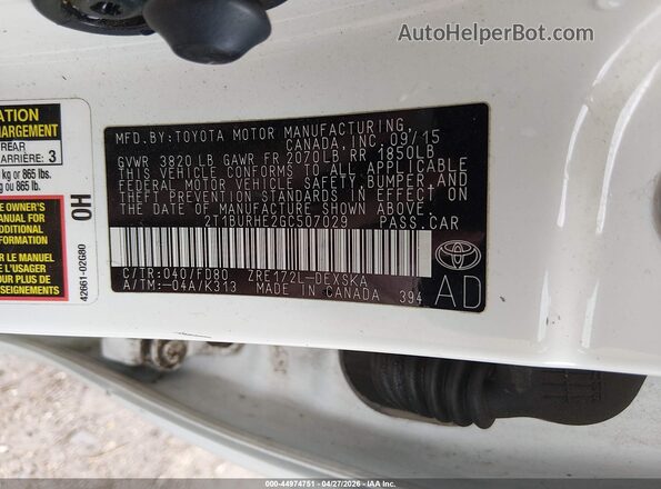 2T1BURHE2GC507029 2016 TOYOTA LL White Вид підкапотного простору
