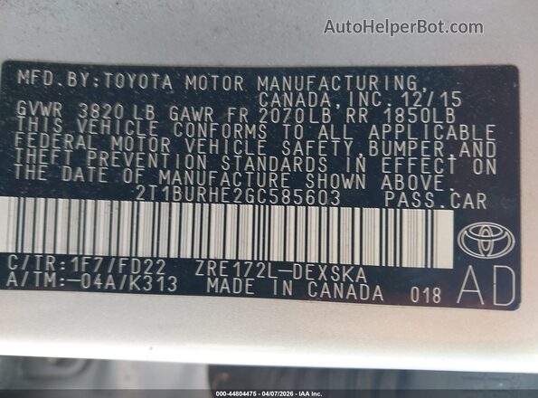 2T1BURHE2GC585603 2016 TOYOTA LL Silver Vista del compartimento del motor