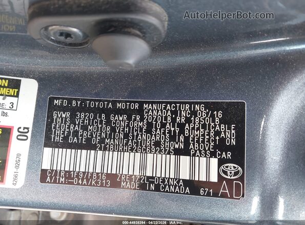 2T1BURHE2GC692375 2016 TOYOTA LL Dark Blue Շարժիչի բաժամունքի տեսք