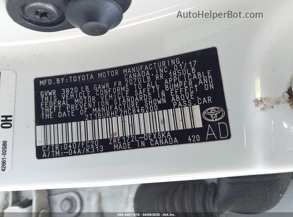 2T1BURHE2HC846200 2017 TOYOTA LL White Vista del compartimento del motor