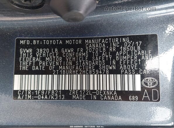 2T1BURHE2HC859478 2017 TOYOTA LL Gray Вид підкапотного простору