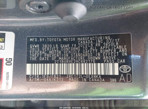 2T1BURHE2HC882176 2017 TOYOTA LL Gray Вид підкапотного простору
