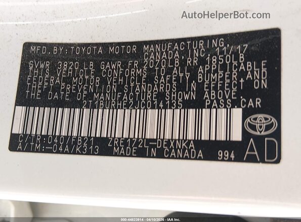 2T1BURHE2JC014135 2018 TOYOTA LL White Vista del compartimento del motor