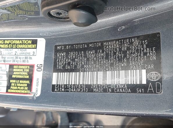 2T1BURHE3GC493089 2016 TOYOTA LL Gray Շարժիչի բաժամունքի տեսք