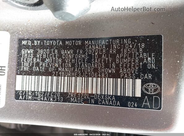 2T1BURHE3JC106483 2018 TOYOTA LL Gold Շարժիչի բաժամունքի տեսք