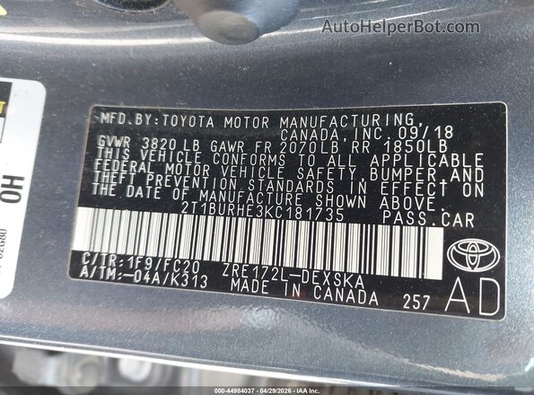2T1BURHE3KC181735 2019 TOYOTA LL Синий Вид подкапотного пространства