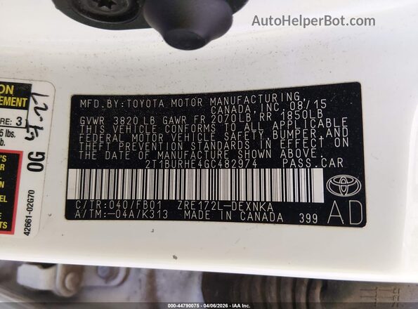2T1BURHE4GC482974 2016 TOYOTA LL White Вид підкапотного простору