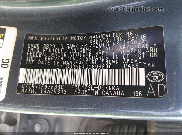 2T1BURHE4GC698890 2016 TOYOTA LL Blue Widok komory silnika