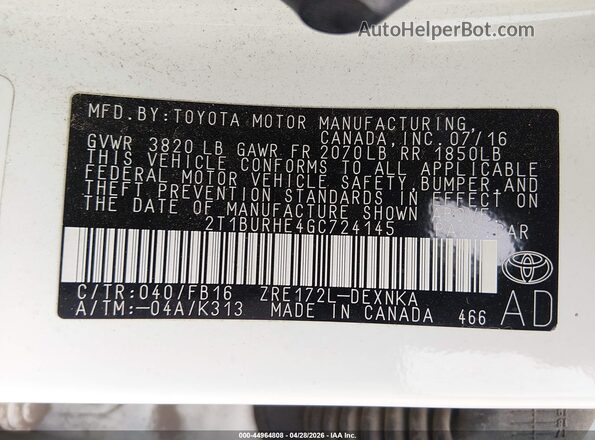 2T1BURHE4GC724145 2016 TOYOTA LL White Engine compartment view