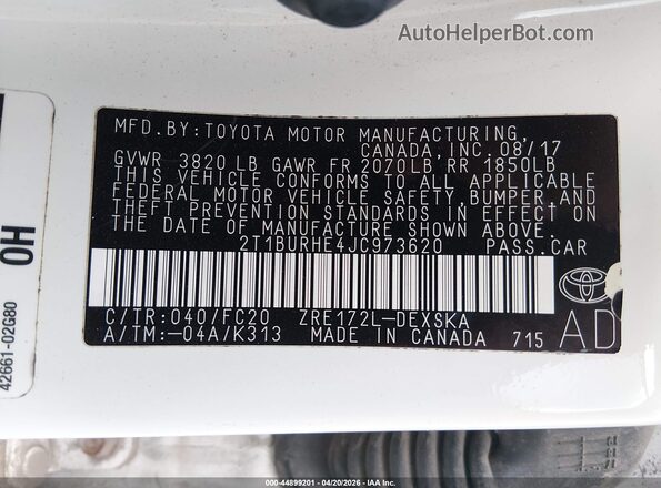 2T1BURHE4JC973620 2018 TOYOTA LL Белый 