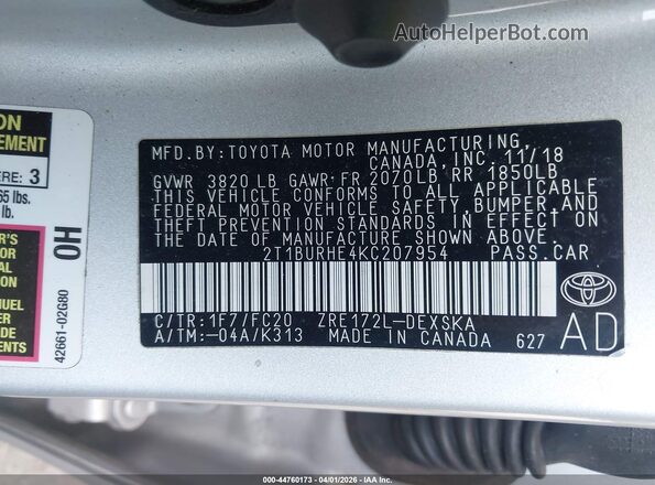 2T1BURHE4KC207954 2019 TOYOTA LL Silver 