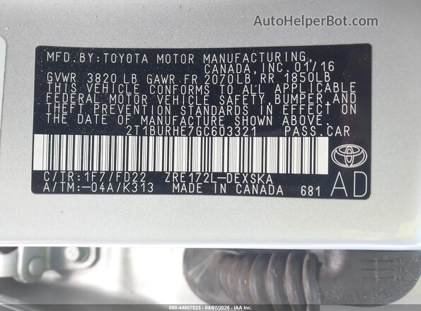 2T1BURHE7GC603321 2016 TOYOTA LL Серебряный Вид подкапотного пространства