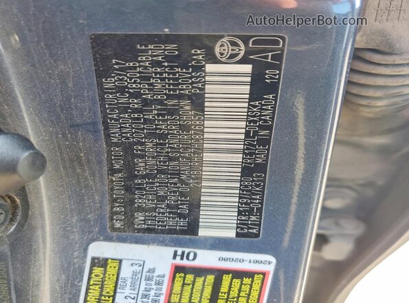 2T1BURHE7HC876857 2017 TOYOTA LL Gray VIN կոդի պիտակի տեսք